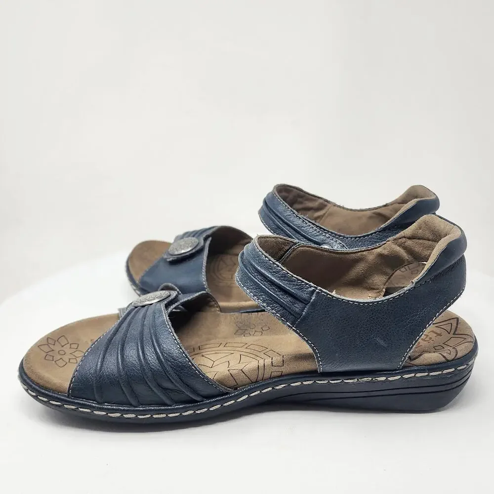 Taos Escape Sandal Women 9 Blue Leather Comfort Low Wedge Medallion ESC-11731 - Picture 7 of 13